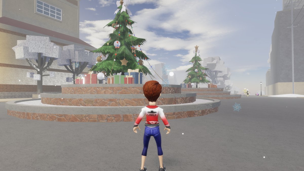 A character in a holiday decorated square