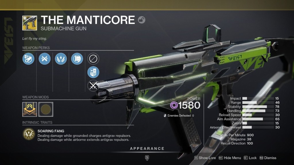 Destiny 2 The Manticore in inventory. 