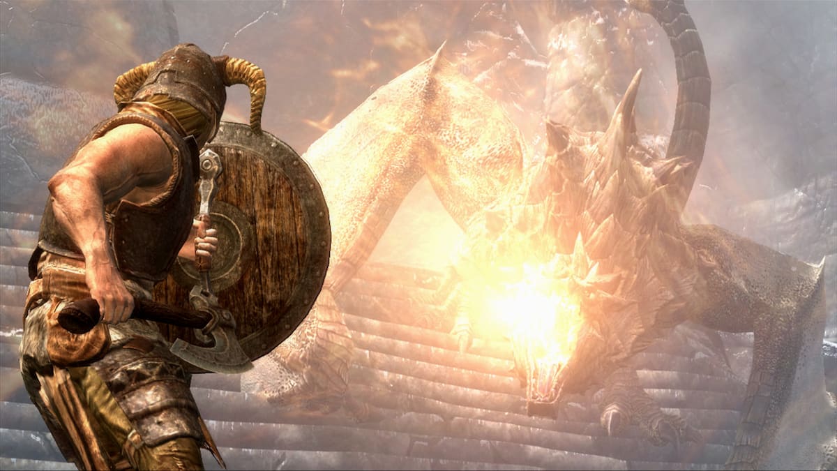 Warrior defending against a fire attack from a dragon in Skyrim