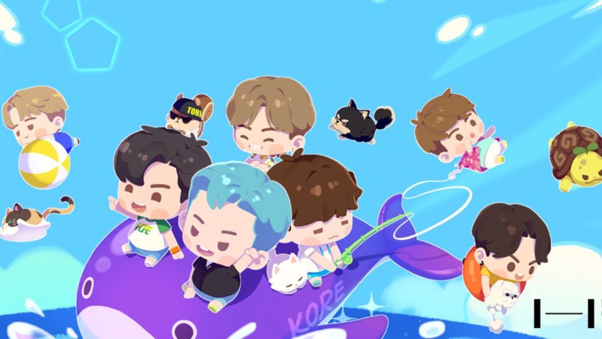 All BTS members riding a purple whale