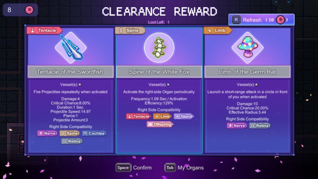 Clearance Rewards screen with various organs