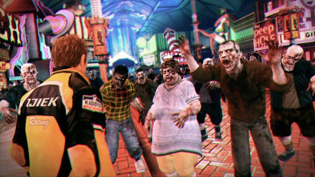 A man fighting off a horde of zombies