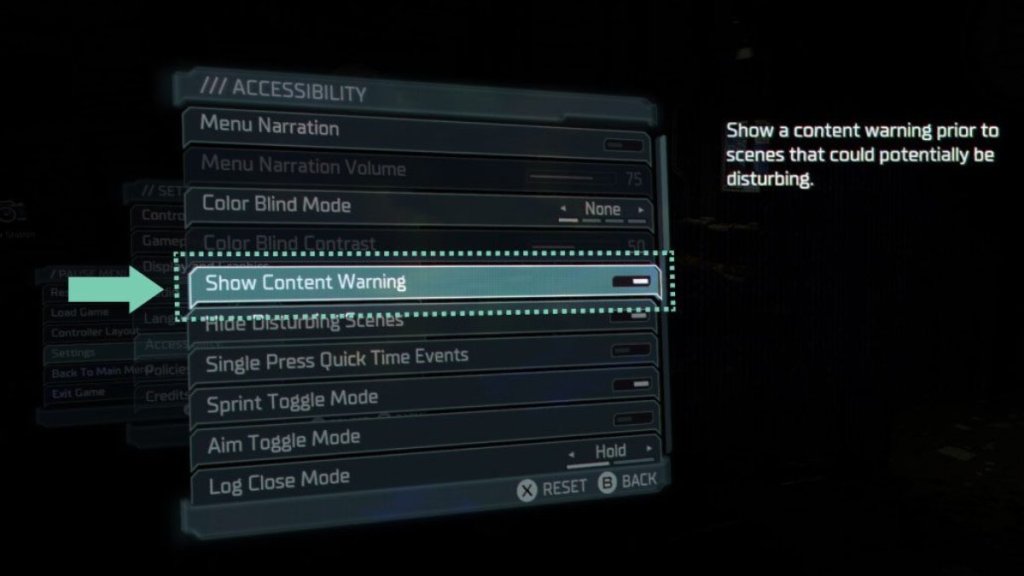 Dead Space Accessibility Menu Content Warning