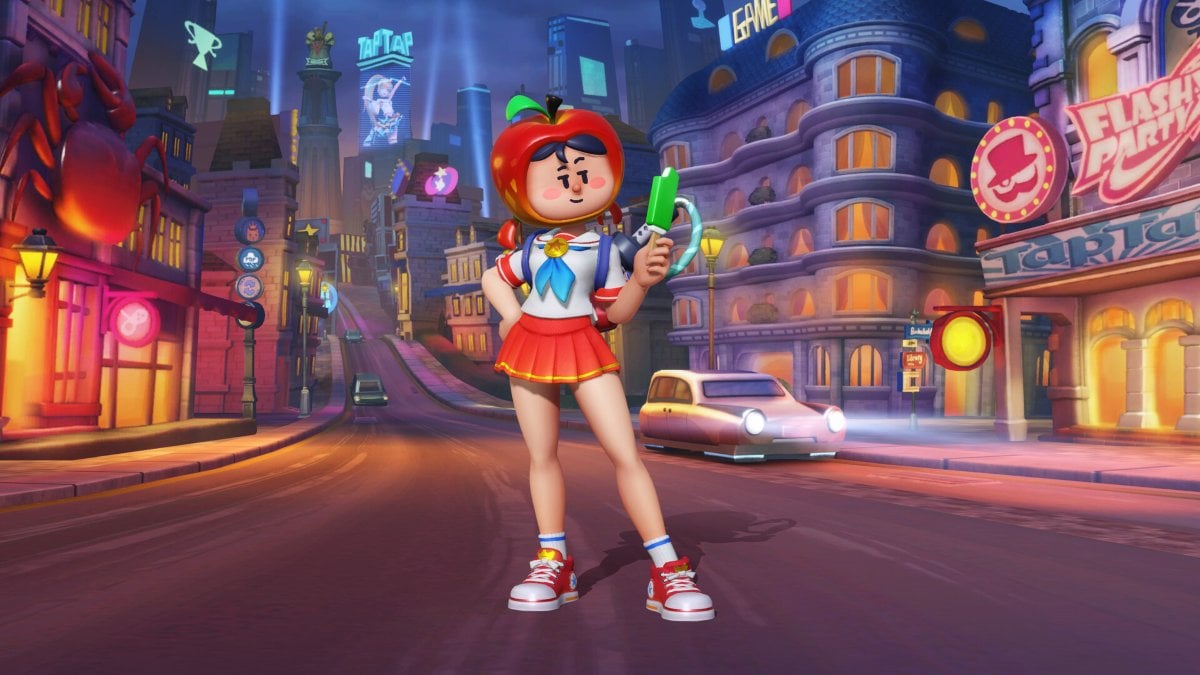 A character wearing a cheerleading outfit and tomato hat