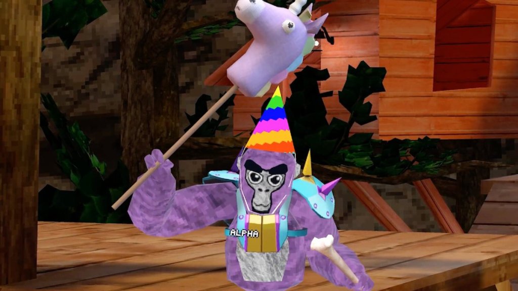 A purple gorilla wearing a birthday hat