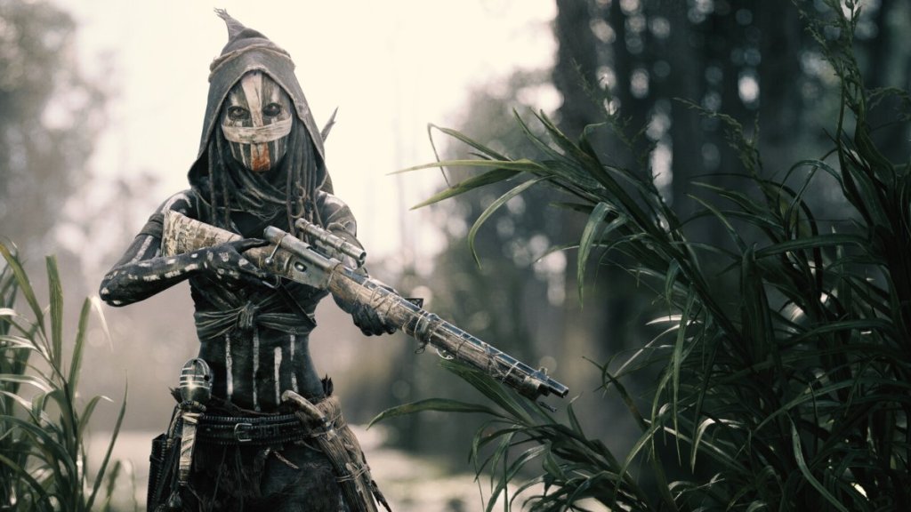 A hooded and masked woman in a marshland