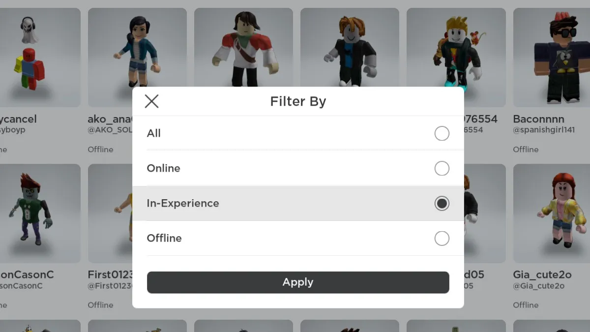 Filter option on Roblox Friends list