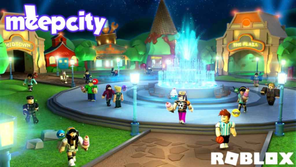 A screenshot of Roblox Meepcity with various players in a park with a fountain in the middle.