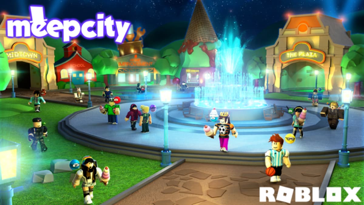 A screenshot of Roblox Meepcity with various players in a park with a fountain in the middle.