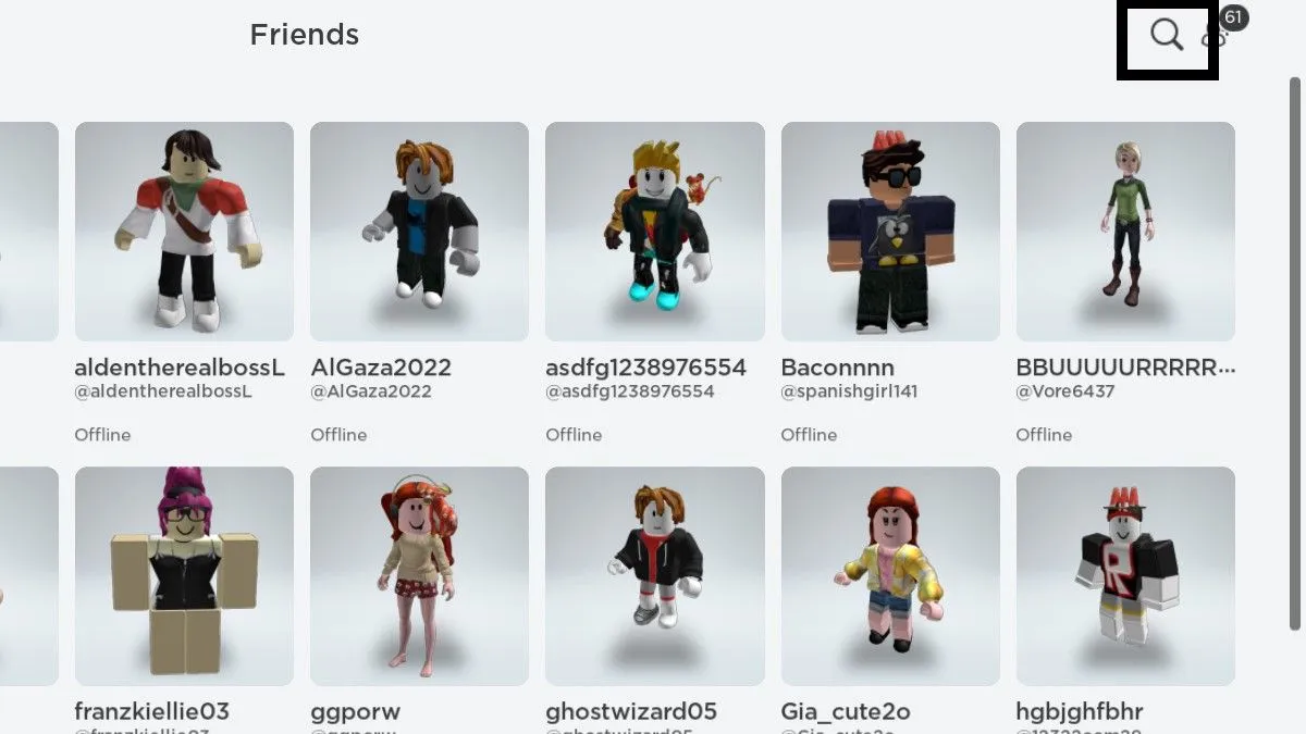 Search button on Roblox Friends list