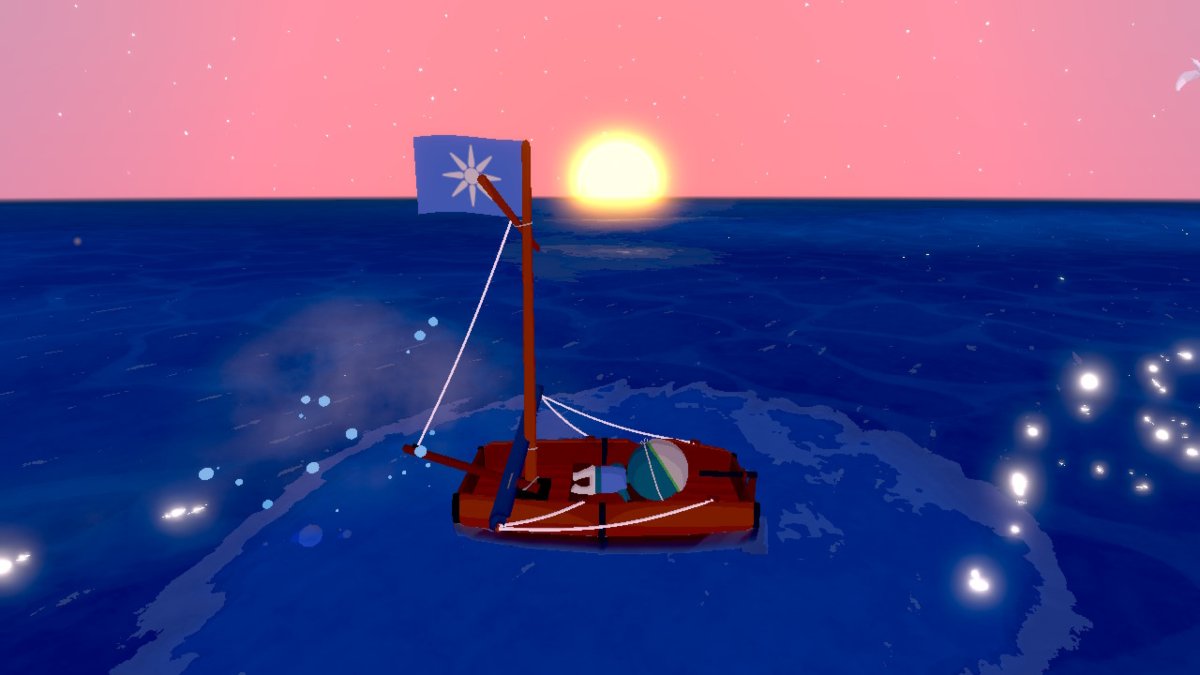 A character sleeping on a boat with the sun rising