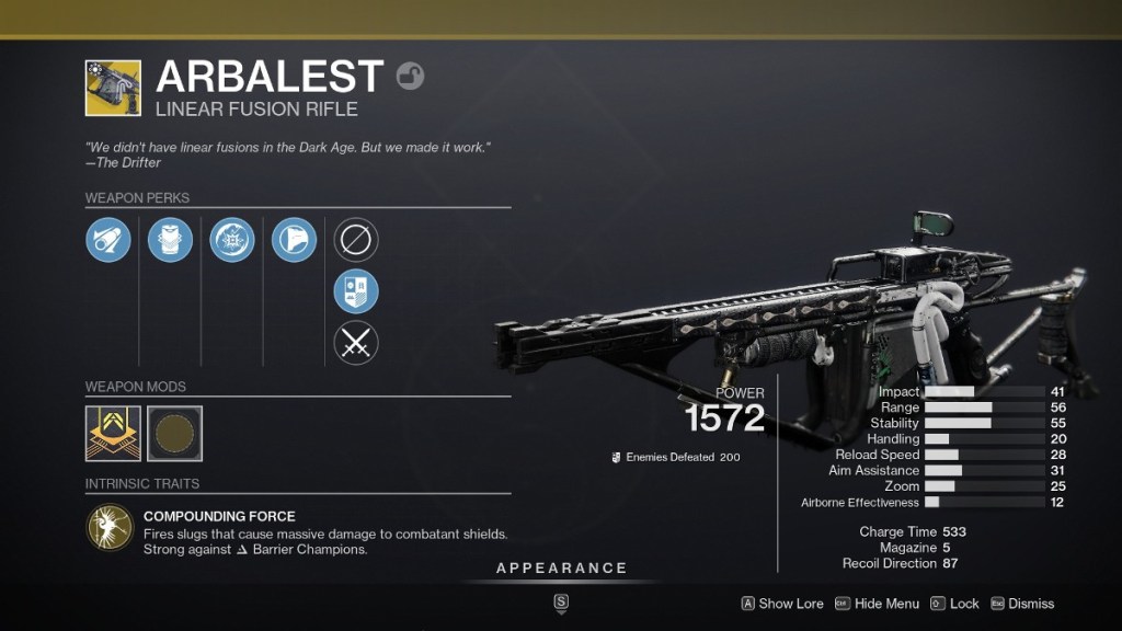 Destiny 2 Arbalest in inventory. 