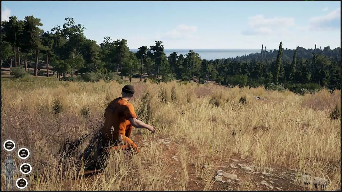 Scum Screenshot with character crouching, grass and trees surrounding the character