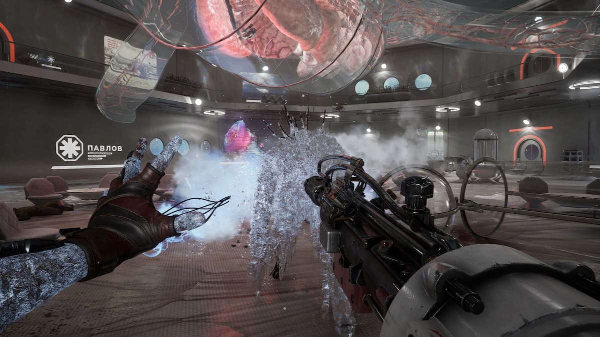 The main character shooting using a weapon in Atomic Heart.