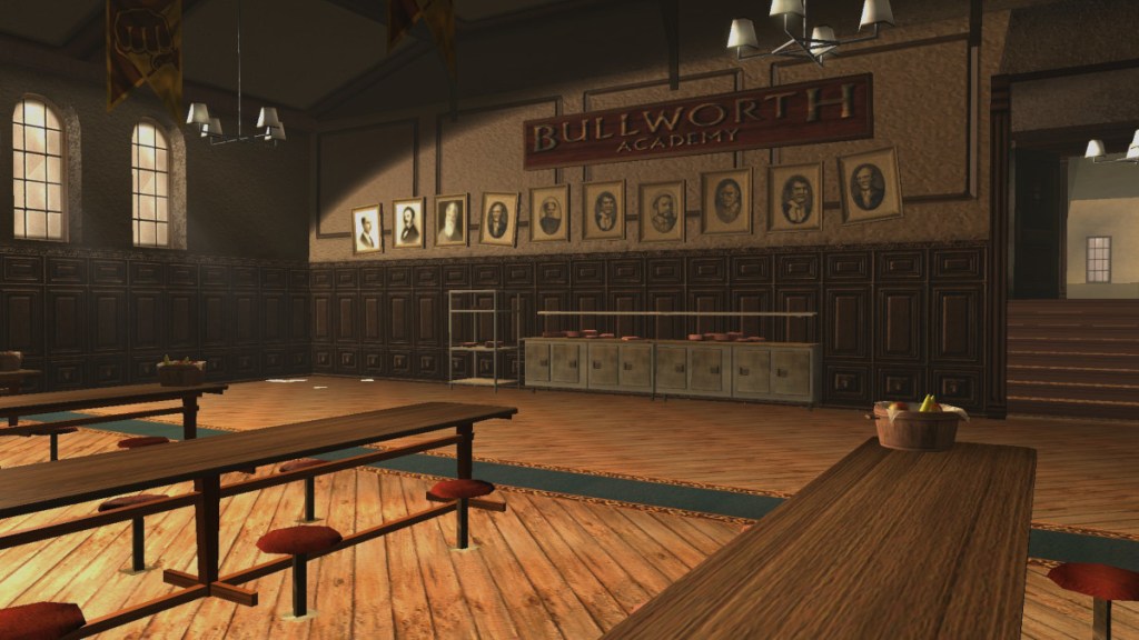 An empty cafeteria. Along the walls, there are vintage photographs of old men. A sign reads "Bullworth Academy"