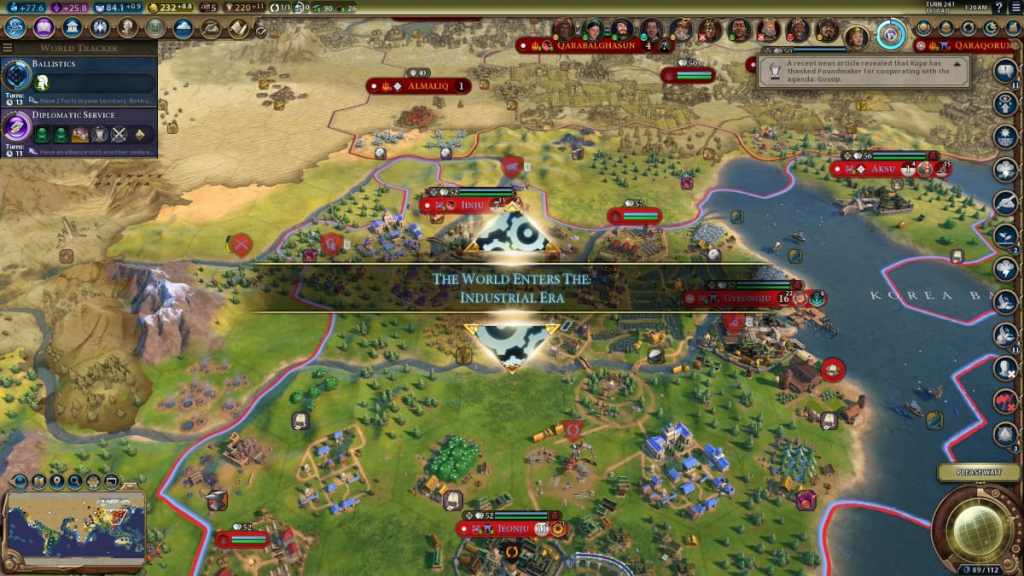 A map from Civilization VI bathed in golden light reading "THE WORLD ENTERS THE INDUSTRIAL ERA"