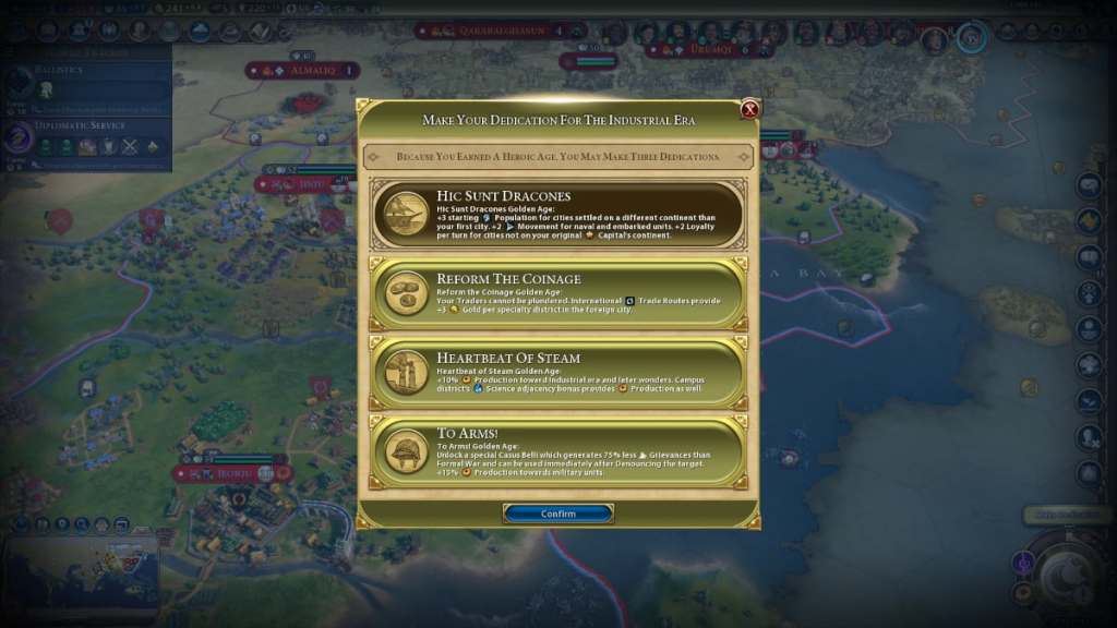 A screen showing the Heroic Age menu for Civilization VI, with three Dedications highlighted