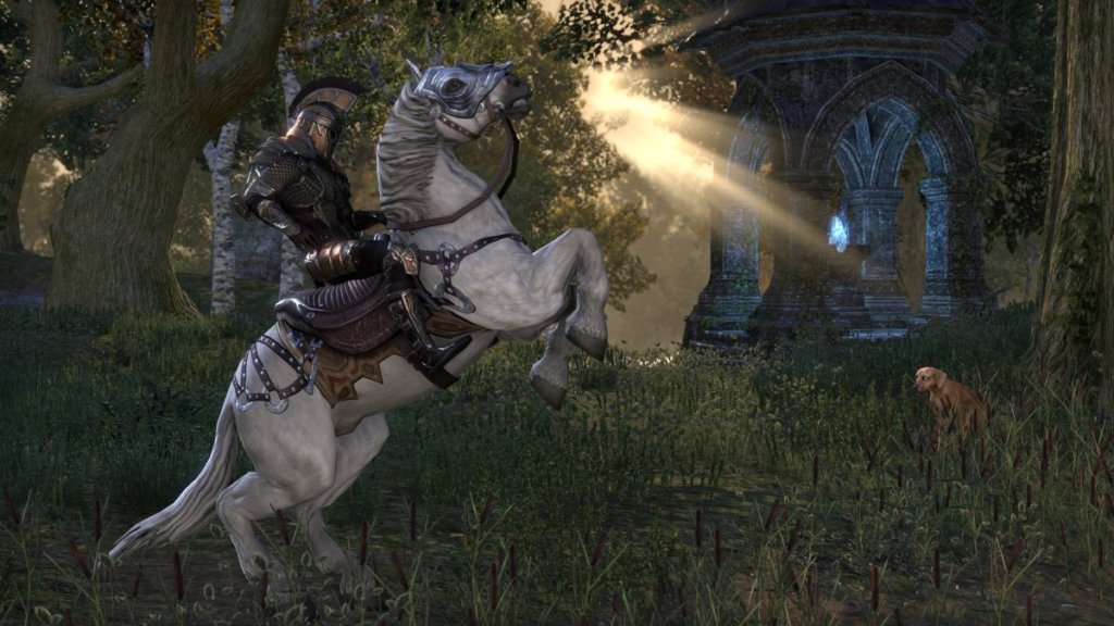 A person in armor rides a horse in the woods.