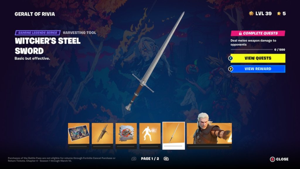 Fortnite Witcher's Steel Sword Reward Screen