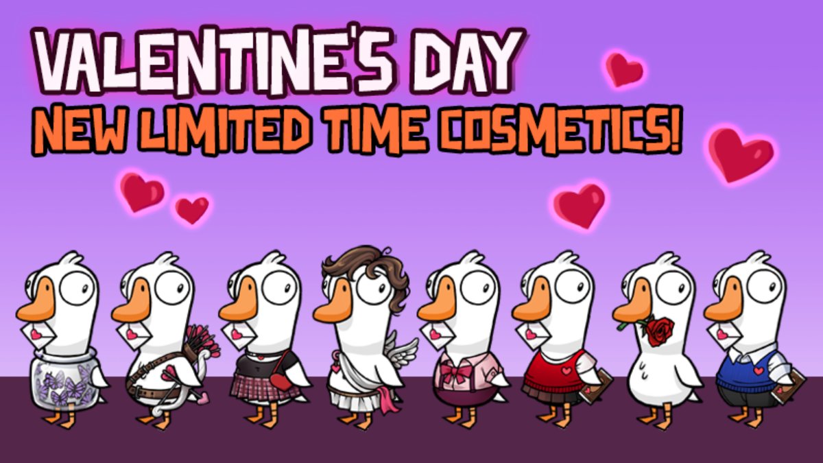 8 Ducks lined up wearing valentine's day attire.