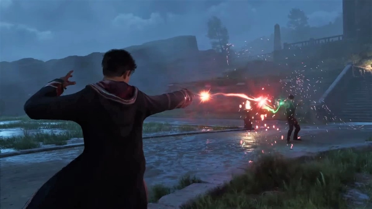 Two wizards clashing spells in Hogwarts Legacy