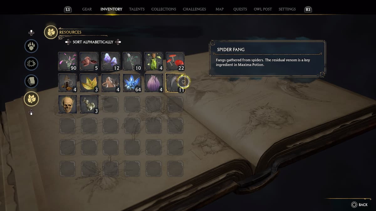 How to Get Spider Fang in Hogwarts Legacy - inventory screen.