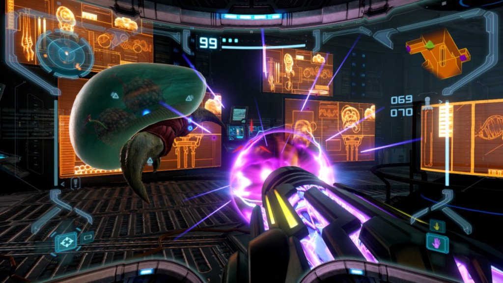 Samus shooting a jelly-fish-like enemy