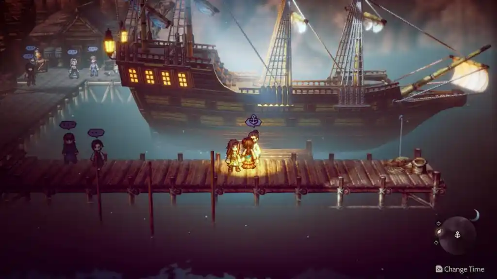 A ferry at night on a shore. A wooden gangplank is in front of it. The shot is from Octopath Traveler