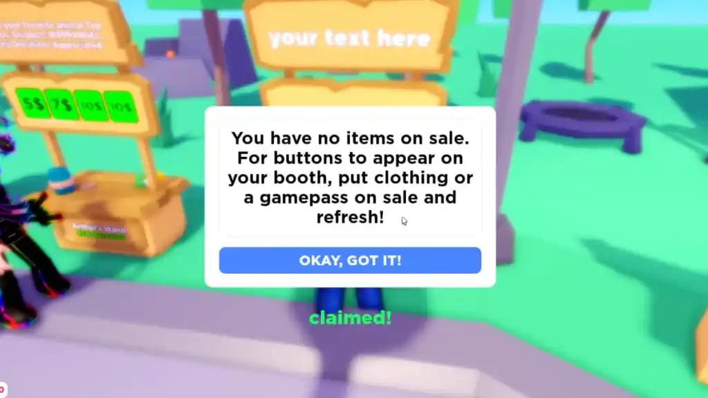 Claiming a booth in Roblox Pls Donate