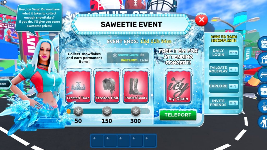 Roblox Saweetie Event Rewards Screen