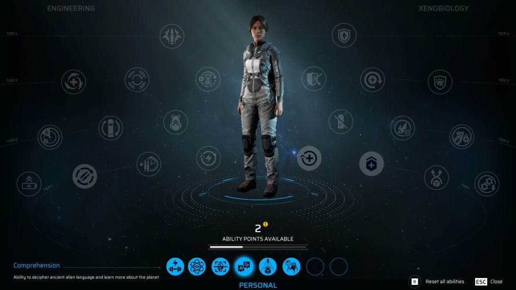 A woman standing in a skill tree screen.