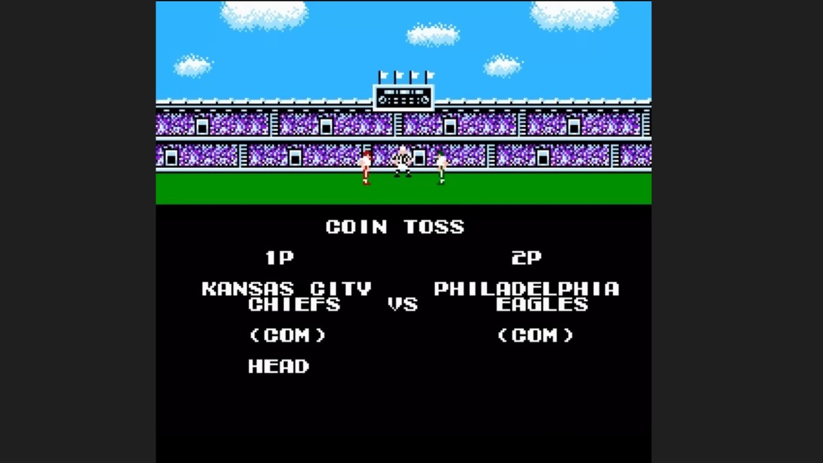 A coin toss betweent The Kansas City Chiefs and Philadelphia Eagles in Tecmo Bowl