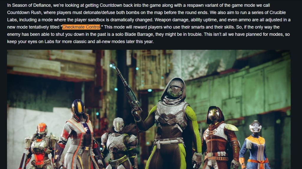 All Details for "Checkmate Control" Mode in Destiny 2 Lightfall - State of the game extract. 