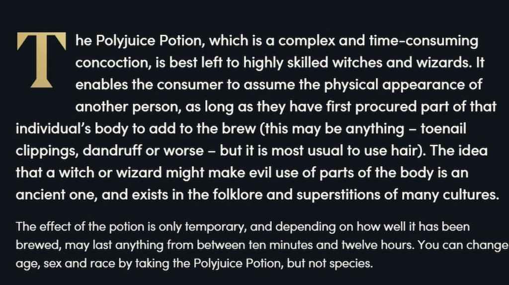 Polyjuice Potion Wiki entry. 