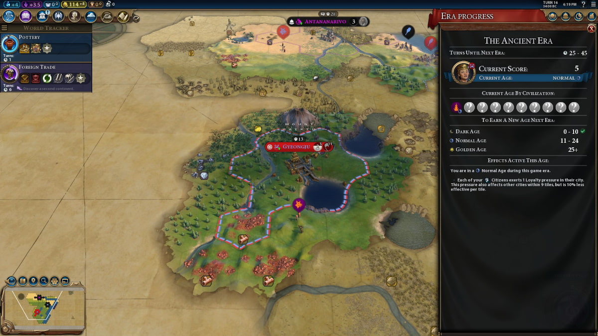 A screenshot of Civilization VI featuring the Korean civilization. The Era Progress menu is open on the right-hand side of the screen