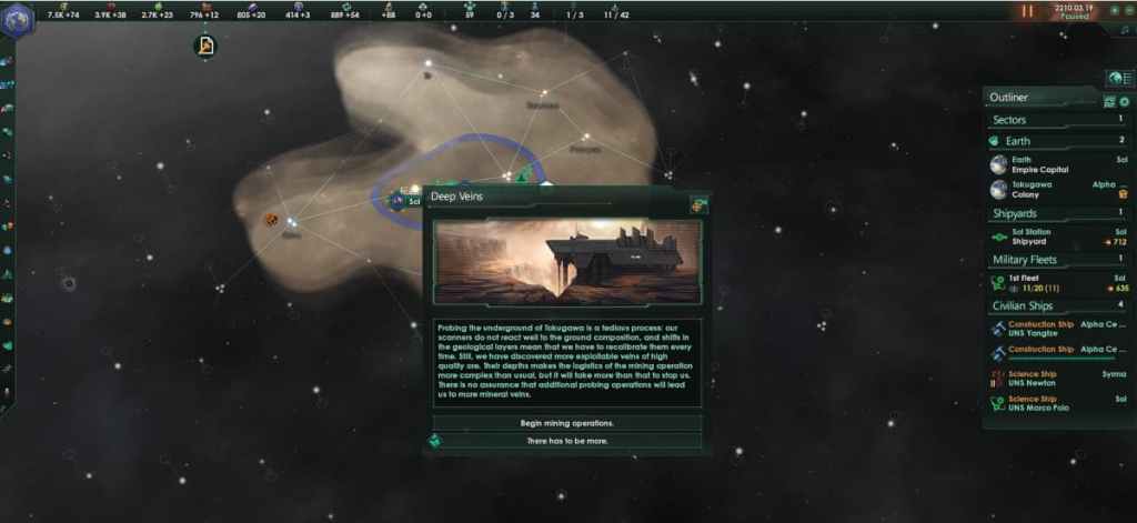 A popup in Stellaris reading "Deep Veins" with the text of the event underneath