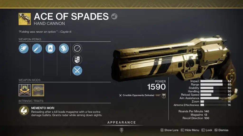 How to get the Ace of Spades in Destiny 2 - Ace of Spades in inventory. 