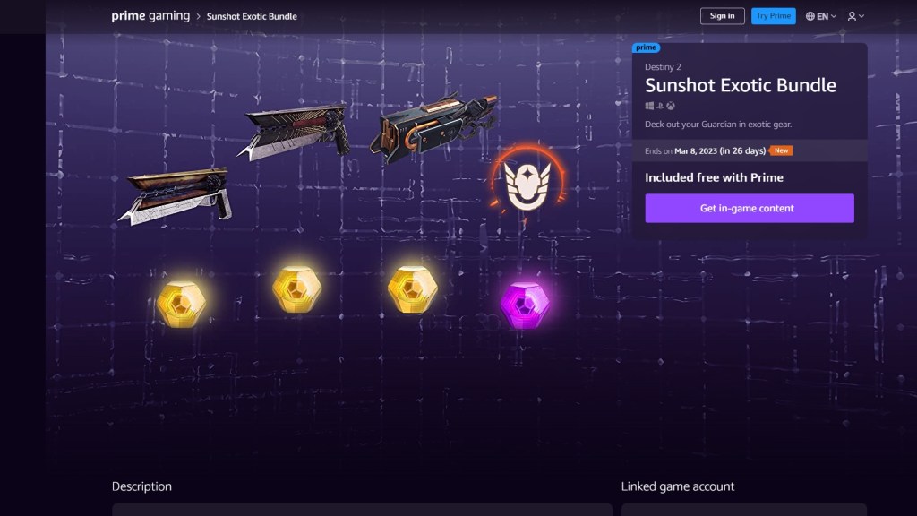 How to get the Firmament Emblem in Destiny 2 - Amazon Prime Sunshot landing page.