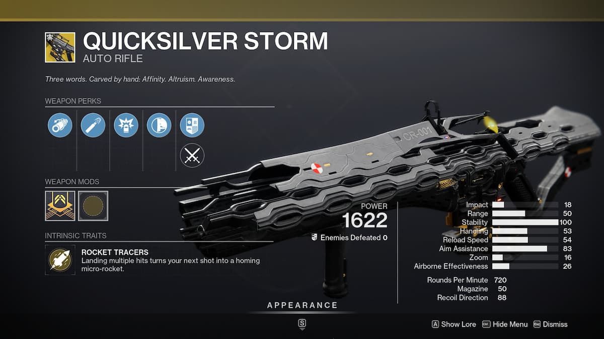 Destiny 2 Lightfall: How to Get the Quicksilver Storm Exotic Auto Rifle - Weapon in inventory.