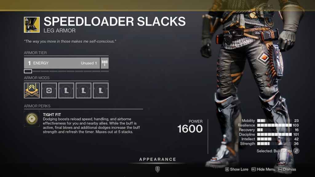 Destiny 2 - How to Get the Speedloader Slacks Boots - Boots in inventory. 