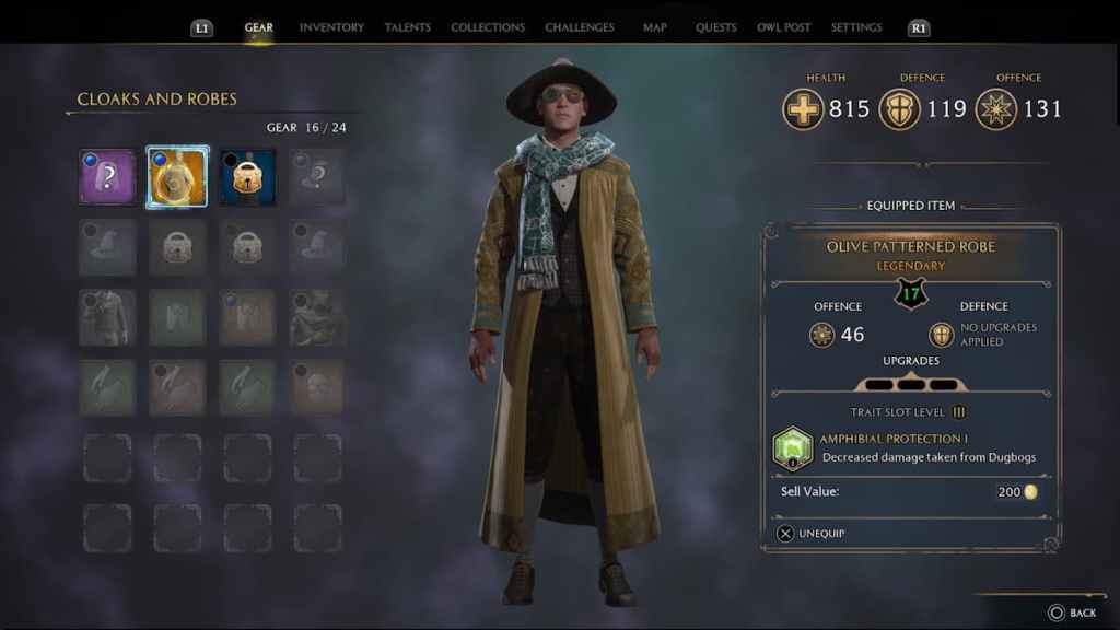 How to equip new gear in Hogwarts Legacy gear menu