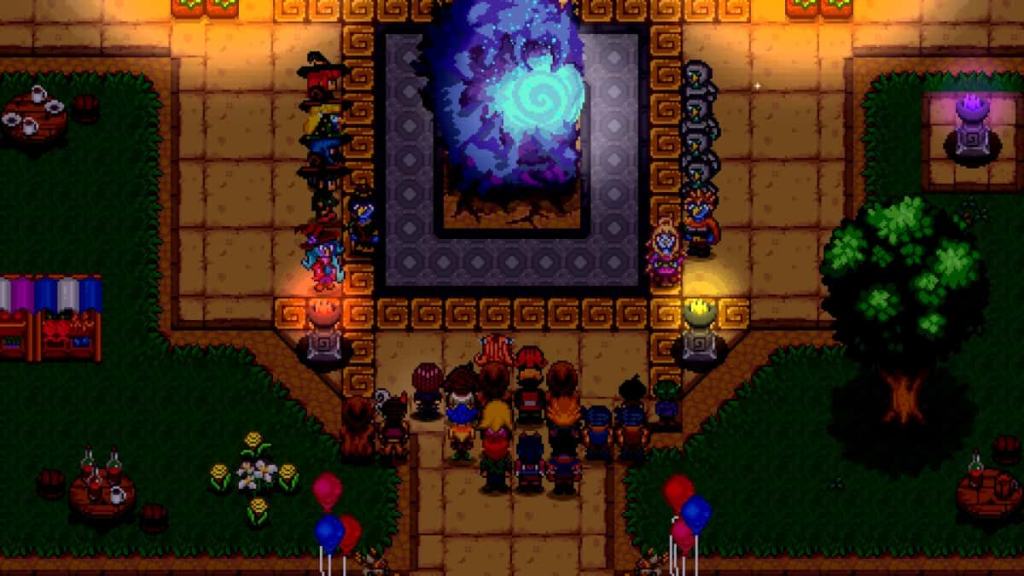 A town square packed with people, gathered around a light purple-blue stone with a lighter blue swirl in it from the game Serin Fate