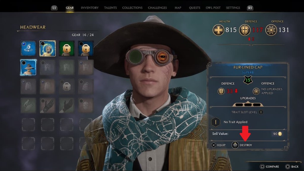 What to do when gear slots are full in Hogwarts Legacy destroy button