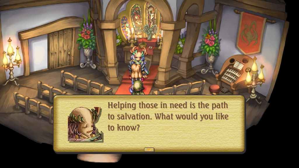 A terrifying creature in a church talks to the player character in Legend of Mana