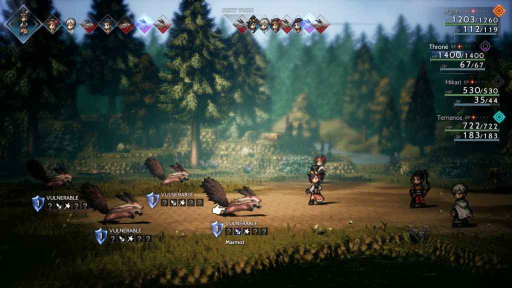 Four characters from Octopath Traveler 2 face off against four angry marmots in an example of a basic party setup