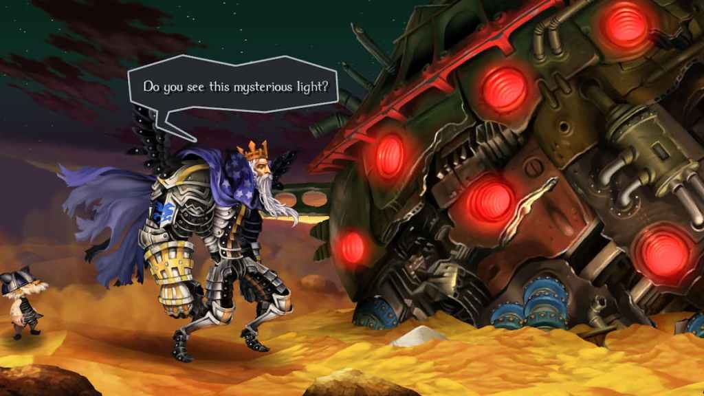 A large king in armor contemplates a massive machine in Odin Sphere