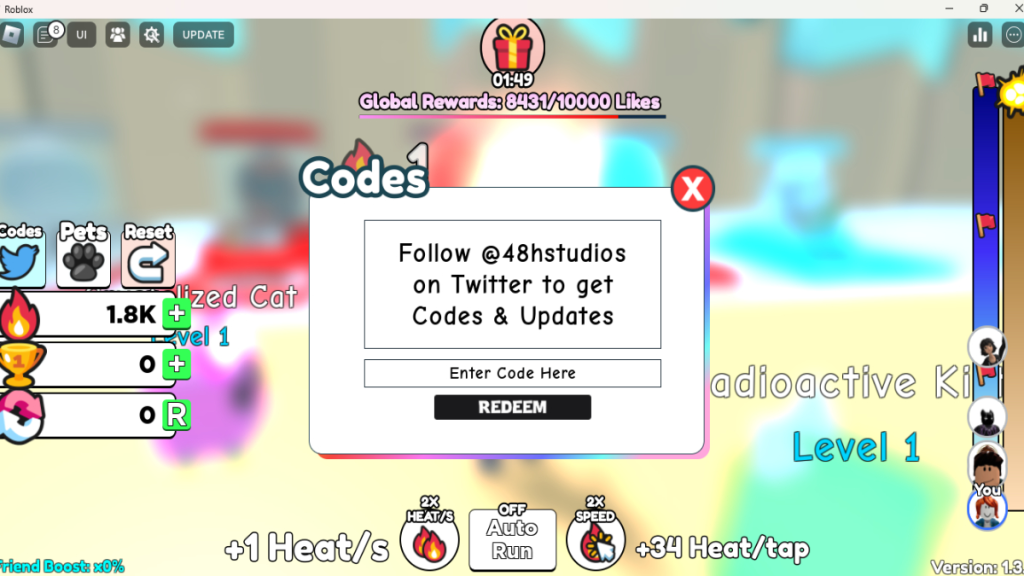 Roblox +1 Heat Every Second Codes Screen