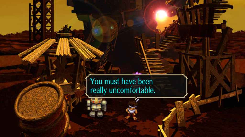 A robot and a martial artist talk to each other in a junkyard from SaGa Frontier