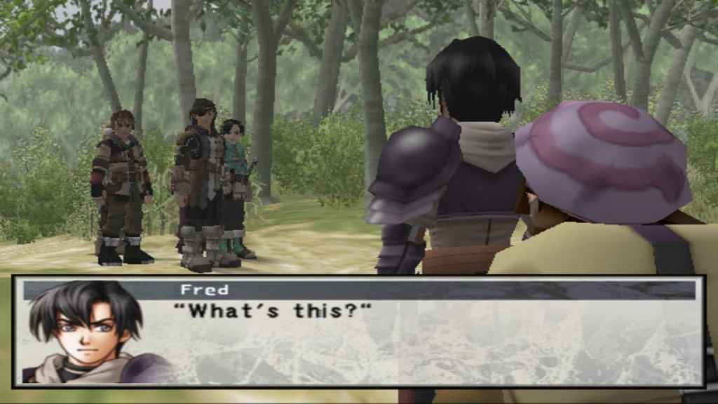Three mercenaries and a young man have a standoff in the woods in Suikoden III