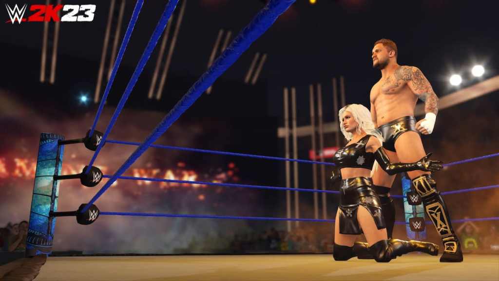 Karrion Kross and Scarlett Bordeaux on the arena in WWE 2K23.